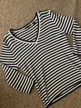 Striped Navy and White V-Neck Knit Top - Women Cotton sweater